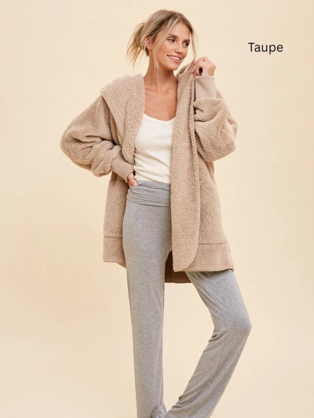 Hem & Thread Cozy Fleece open front, hooded cardigan with pockets